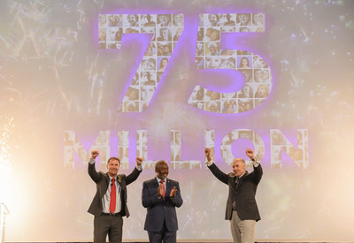 (Left to right) Adrian Jones, Visit Orlando Board Chair and Divisional Director USA, Merlin Entertainments USA Inc.; Orange County Mayor Jerry L. Demings; and George Aguel, President and CEO, Visit Orlando; celebrate a record 75 million visitors to Orlando in 2018.