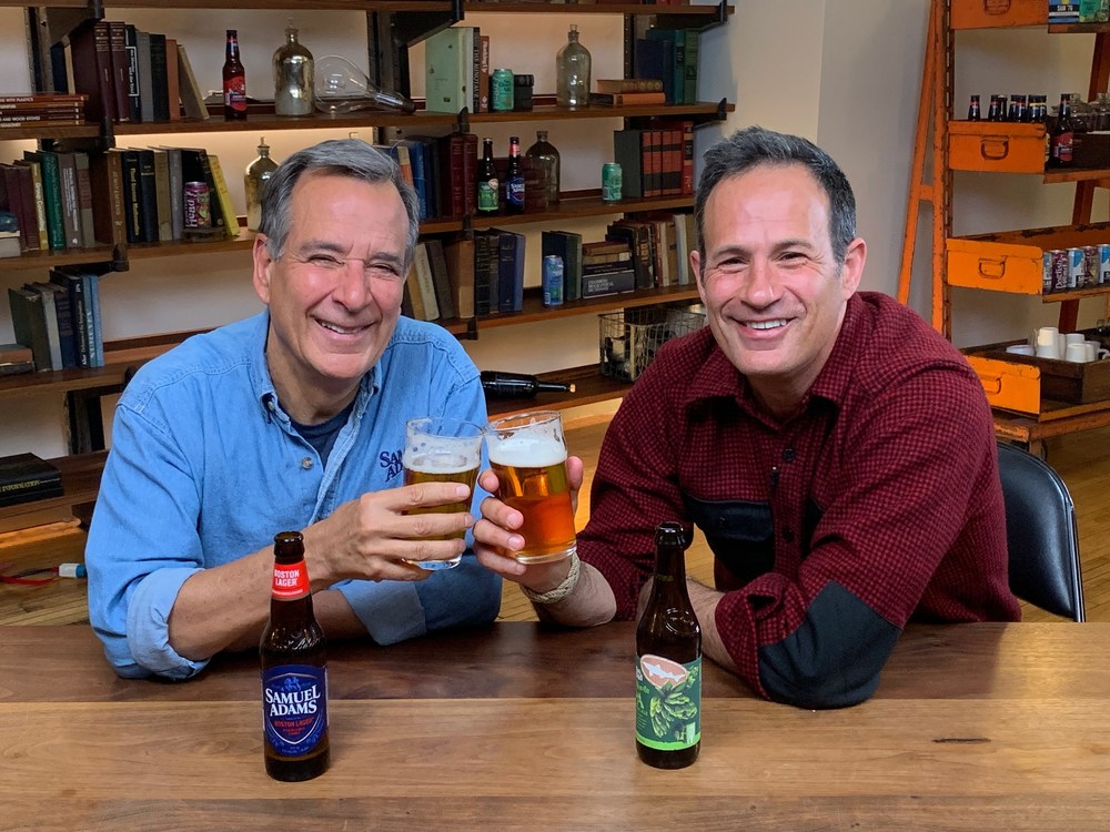 Jim Koch and Sam Calagione with their flagship beers.