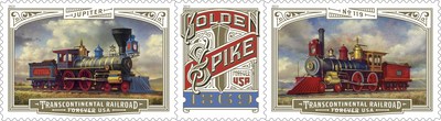Photographs of replicas of the two locomotives at the Golden Spike National Historic Site were used as visual references for the stamp artwork. A third stamp portrays the famous golden spike that was a prominent part of the ceremony. Each of the stamps and the header feature gold-foiled highlights that produce a glimmering effect. The text Jupiter, No. 119, and FOREVER USA are in Brothers font by Emigre, Inc. Brothers is a trademark of Emigre, Inc. 2019 ©Emigre.