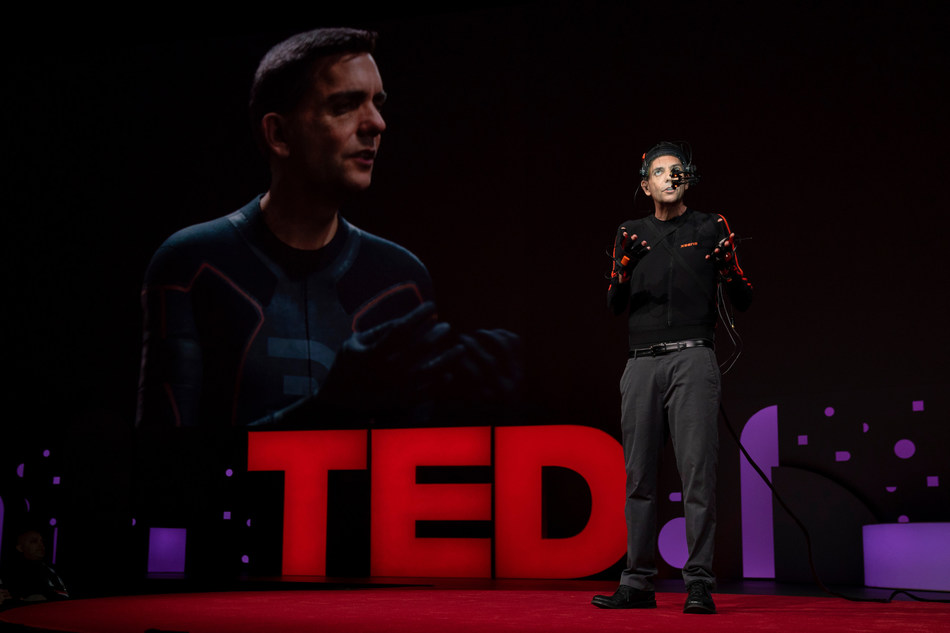Digital Domain Head of Software R&D Doug Roble demonstrated a live synced virtual version of himself at TED2019. Photo credit: Bret Hartman.