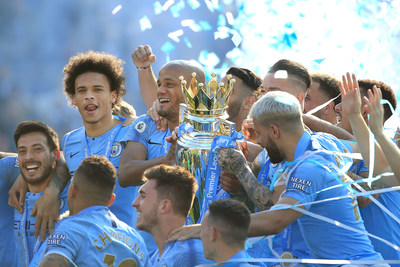 BRIGHTON, ENGLAND - MAY 12: Vincent Kompany of Manchester City lifts the Premier League Trophy after winning the title during the Premier League match between Brighton & Hove Albion and Manchester City at American Express Community Stadium on May 12, 2019 in Brighton, United Kingdom. (Photo by Tom Flathers/Man City via Getty Images)