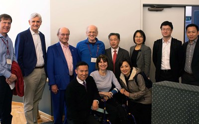 (back row, l to r): University of Cambridge’s Richard Durbin, CSHL President Bruce Stillman, Nobel laureate Walter Gilbert, University of Washington’s Robert Waterston, BGI’s Huanming “Henry” Yang, Yuqing Jiang, Charles Bao, and Damon Zhang. (front row, l to r): BGI’s Yongwei Zhang, CSHL’s Ludmila Pollock, and BGI’s Audrey Kong. Photo Credit: Connie Brukin/2019