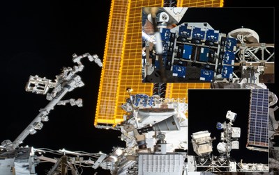 Three views of MISSE - an orbiting, commercial science and testing facility permanently on ISS - from close-up to birds-eye