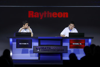 2019 Raytheon MATHCOUNTS National Competition winner Daniel Mai, right, and runner-up Suyash Pandit competing in the Countdown Round on Monday, May 13, 2019, in Orlando, Fla. (Photo Credit: Damian Strohmeyer)