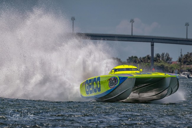 The newly rebuilt 47' Miss GEICO Victory Catamaran during testing prior to the 2019 Thunder on Cocoa Beach Super Boat Grand Prix.
