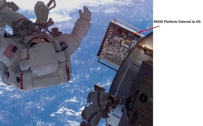 Figure B: MISSE platform attached to the robotic arm external to ISS (courtesy: NASA Langley Research Center website, https://misse1.larc.nasa.gov/) Figure B: MISSE platform attached to the robotic arm external to ISS (courtesy: NASA Langley Research Center website, https://misse1.larc.nasa.gov/)