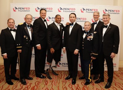 Left to Right: James Schenck, President and CEO PenFed Credit Union and CEO of the PenFed Foundation; U.S. Army Major General (Ret.) Patrick Brady; Thomas Entwistle, Oilfield Services Business President, Innospec Inc.; U.S. Army Master Sergeant (Ret.) Cedric King, President and CEO, PenFed Foundation Speakers Bureau; U.S. Army Major William D. Swenson.; U.S. Army Lieutenant Colonel (Ret.) Alfred Rascon; Scott Wagner, EVP and Chief Revenue Officer, PSCU; U.S. Army General (Ret.) John W. Nicholson Jr., President of the PenFed Foundation