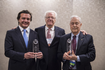 From L-R: Dr. Guillermo Pepe, Jr. and Dr. Guillermo Pepe, Sr. of Mamotest; and Richard N. Hirsh, MD, FACR, receive their ACR Global Humanitarian Awards.