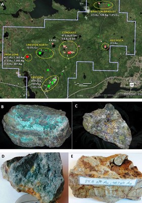 A) Map Showing the 5 gold and 2 copper occurrences at Root & Cellar. B) Malachite and copper sulphides from Creston North. C) Bornite and Chalcopyrite from Creston. D) Visible gold from Conquest Zone. E) High grade gold and silver from Drop Zone. (CNW Group/Northern Shield Resources Inc.)