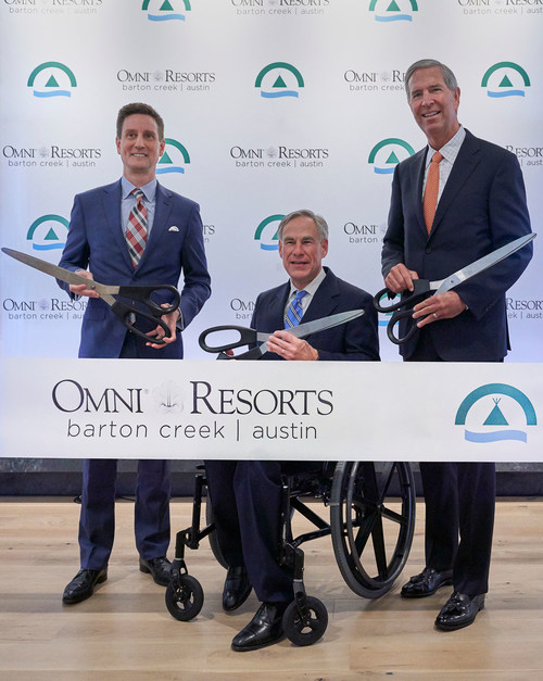 Mr. Robert Rowling, owner and chairman, TRT Holdings, Inc., Texas Governor, Greg Abbott, and Todd Raessler, general manager, cut the ceremonial ribbon today, Tuesday, May 21, after the grand reopening of the newly transformed Omni Barton Creek Resort & Spa
