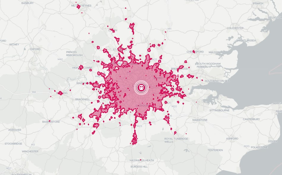 Using the TravelTime API to see where's reachable within 60 minutes travel time from London Waterloo using public transport at 9am