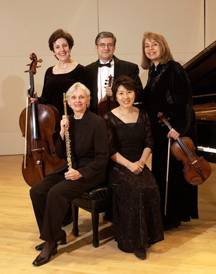 The Pierrot Consort, the LIU Post chamber music faculty ensemble, are, standing l-r, Maureen Hynes, cello; Dale Stuckenbruck, violin; and Veronica Salas, viola; and seated, l-r, Susan Deaver, flute, and Heawon Kim, piano.