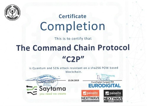 The certificate from Palo Alto Networks Partner that the innovative C2P (command chain protocol) has successfully passed a cyber security audit, which confirmed 51% attack and quantum resistance. (PRNewsfoto/ILCoin Team)