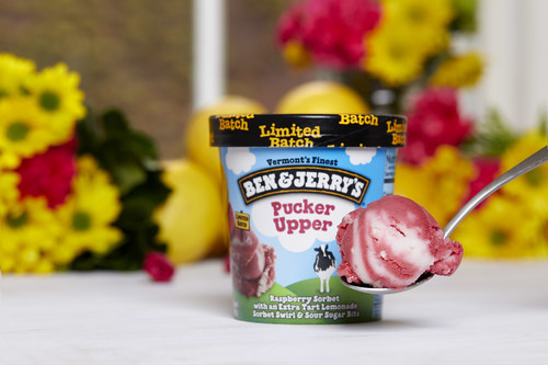 Ben & Jerry's newest flavor is Pucker Upper: a raspberry sorbet with an extra tart lemonade swirl and sour sugar bits.