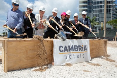 Owners and developers Jai and Jessica Motwani of Hotel Motel Inc. join representatives from Choice Hotels, Marquis Bank, and Seawood Builders to break ground on the Cambria Hotel Fort Lauderdale Beach. 
Photo Credit: Patty Daniels Photography