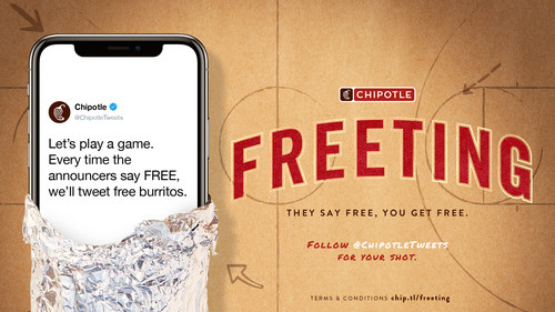 Chipotle will be “freeting”: live Tweeting a unique code good for the chance to score a free burrito from @chipotletweets.
