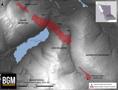 Figure 1: Plan Map Showing Modelled Vein Corridors on Island and Cow Mountains (CNW Group/Barkerville Gold Mines Ltd.)