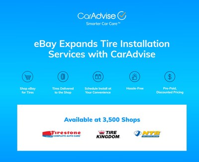 eBay Motors expands Tire Installation Program with CarAdvise, adding 3,500 tire shops to eBay’s tire installer network including top national chains like Firestone, Tires Plus, National Tire and Battery, and Tire Kingdom.
