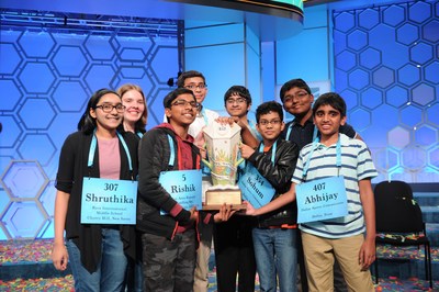 Eight spellers are co-champions of the 2019 Scripps National Spelling Bee, making history as the first group to share the coveted title in the 92 years of the storied event. 
Credit: Mark Bowen / Scripps National Spelling Bee