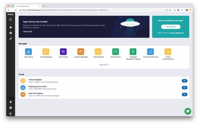 This image shows the main dashboard of Pega’s Enterprise Low-Code Factory, which empowers any employee to quickly create enterprise software that complies with company standards. The integrated and intuitive environment gives users quick access to the apps they use most, the apps they are building, and the ecosystem of approved apps to download.
