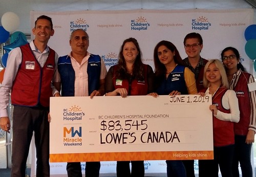 The Lowe’s Canada team attended the BC Children’s Hospital Foundation Miracle Weekend telethon on Sunday to present a cheque for $83,545. (CNW Group/Lowe's Canada)