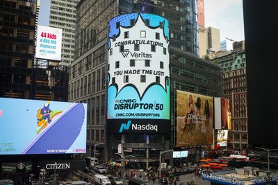 Veritas on the Nasdaq building in Time Square, NYC, thanks to being included for the second consecutive year as one of Disruptor 50 Companies of CNBC (PRNewsfoto/Veritas Intercontinental)