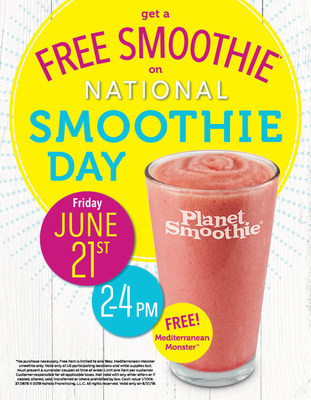 For two hours only, Planet Smoothie locations will offer a FREE 16oz Mediterranean Monster smoothie to all customers on Friday, June 21 from 2:00 pm – 4:00 pm local time.