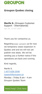 Groupon a confirm la cessation de ses activits au Qubec via un bref communiqu. Le numro de tlphone de l'entreprise n'est plus en service depuis le 4 juin dernier. (Groupe CNW/Outgo Network Inc.)
