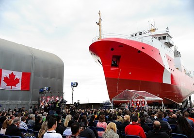 Seaspan employees and their families gathered together with suppliers and government partners to celebrate the launch of a state-of-the-art science research vessel newly built for the Canadian Coast Guard. (CNW Group/Seaspan Shipyards)