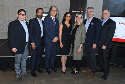 (L-R): Dr. Michael Chang (Division Head of Otolaryngology, Centenary Hospital, SHN), Dr. Naimul Khan (Assistant Professor at Ryerson University and Director of Ryerson Multimedia Research Laboratory), Dr. Tom Chau (Vice President of Research, Holland Bloorview), Dr. Azadeh Kushki (Mary & James W. Davie Scientist at Holland Bloorview and Assistant Professor at the University of Toronto), Christina Jennings (Chairman and CEO of Shaftesbury), Ted Biggs (VP of Convergent / Technology at Shaftesbury), and Scott Garvie (SVP, Business & Legal Affairs, Shaftesbury).
Credit: George Pimentel Photography (CNW Group/Shaftesbury)