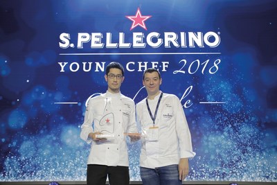 Yasuhiro Fujio, Winner of the 2018 S.Pellegrino Young Chef Award, with his Mentor Luca Fantin, Michelin-starred Chef of the Bulgari Hotel in Tokyo, during the 2018 Global Final. (PRNewsfoto/S.Pellegrino)
