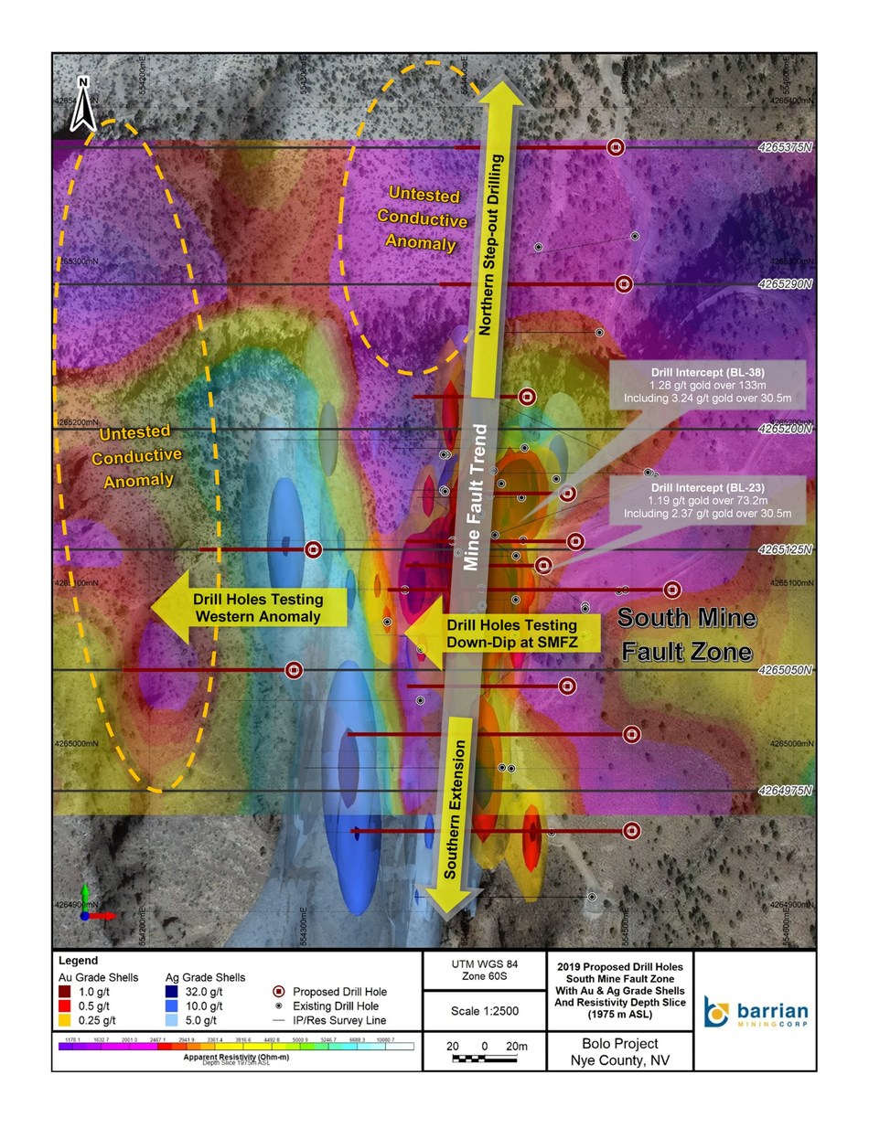 The plan map shows the proposed drill hole locations to test geophysical anomalies and extensions to known gold and silver zones. (CNW Group/Barrian Mining Corp.)