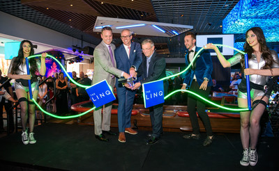 (L-R) SVP and General Manager of The LINQ Hotel + Experience, Ryan Hammer; EVP of Gaming and Interactive Entertainment, Christian Stuart; and Caesars Entertainment’s CEO and President Tony Rodio cut the LED ribbon, celebrating the grand opening of RE:MATCH and The LINQ Hotel + Experience’s new immersive gaming environment on Friday, June 7.