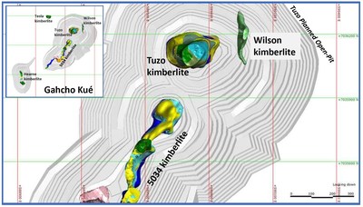 Plan view of the Wilson kimberlite. Inset shows the location relative to other kimberlites in the Gahcho Kué JV area. The planned open-pit mine pit shells are shown in pale gray. (CNW Group/Mountain Province Diamonds Inc.)