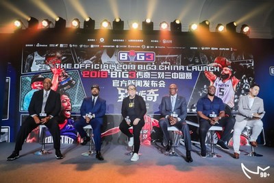 Left to right: BIG3 Coach George Gervin, BIG3 Founder Ice Cube, 90 Plus Group China Chairman Richard Chiang, BIG3 Commissioner Clyde Drexler and 90 Plus USA CEO Mitch Richmond