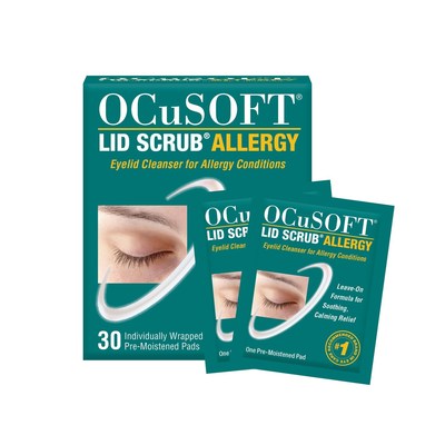 Allergy eye drops act to relieve eye symptoms but do nothing to calm the irritated eyelids which are directly related. Removing allergens from the eyelids can provide added relief and reduce the risk of transfer into the tear film. OCuSOFT® Lid Scrub® Allergy removes oil, debris, pollen and other contaminants from the eyelids while utilizing Green Tea Extract, Tea Tree Oil and PSG-2™ (Phytosphingosine) to effectively reduce redness, inflammation and itching of allergy eyelids.