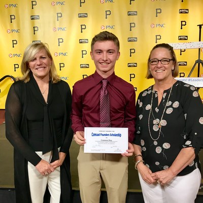 Beth Crow, Director of Community Impact, Keystone Region, Comcast; Pittsburgh's 2019 Comcast Founders Scholar recipient, Cannon Hay, a student Berlin Brothersvalley High School; and Lisa Birmingham, Vice President of Government & External Affairs, Keystone Region, Comcast, at the Pittsburgh Leaders & Achievers scholarship ceremony.