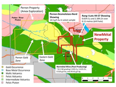 Figure 2: Regional Geological Map of the NewMétal Property with respect to Amex Exploration’s Perron Property and the past producing Normétal Mine (CNW Group/Starr Peak Exploration Ltd.)