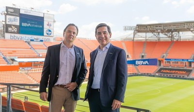 BBVA USA President and CEO Javier Rodriguez Soler (left) and BBVA Group Executive Chairman Carlos Torres Vila pose inside the newly-renamed BBVA Stadium in Houston, Texas on June 13, 2019.