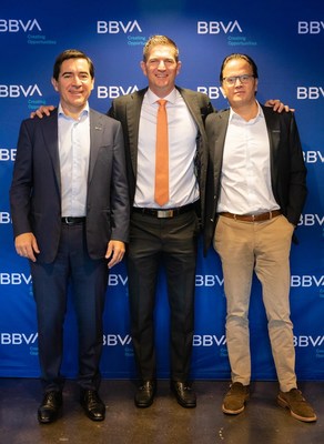 BBVA Group Executive Chairman Carlos Torres Vila (left), Dynamo former player Bobby Boswell (center), and BBVA USA President and CEO Javier Rodriguez Soler (right) at the BBVA Stadium press conference in Houston.