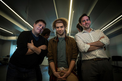 (from left) Jeff Whiting, director, Nat Zegree, music and lyrics, and Eric Holmes, writer pose for a portrait after rehearsals for “Fly More Than You Fall” at Open Jar Studios in New York City, NY  Wednesday, June 12, 2019 (August Miller, UVU Marketing)