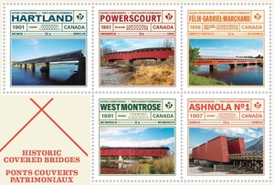 Quaint but no longer common, covered bridges still dot our countryside - and five historic ones now adorn stamps