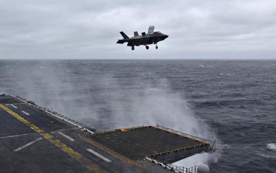 F-35B lands on USS Wasp using Raytheon's Joint Precision Approach and Landing System. F-35B lands on USS Wasp using Raytheon's Joint Precision Approach and Landing System.