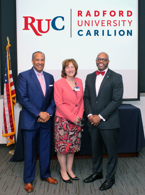 Photo, L_R: Jefferson College of Health Sciences President Nathaniel L. Bishop, Carilion Executive Vice President and Chief Administrative Officer Jeanne S. Armentrout, Radford University President Brian O. Hemphill