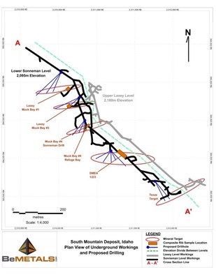Figure 1: Plan View of the Sonneman & Laxey Levels, South Mountain Deposit (CNW Group/BeMetals Corp.)