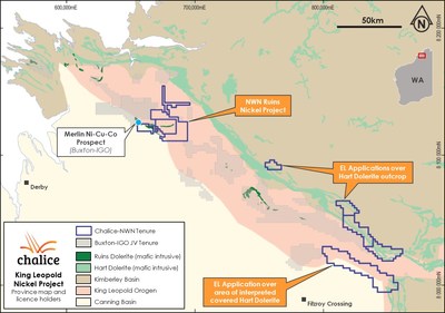 Figure 2. Chalice’s King Leopold Project tenure and Buxton-IGO tenure over geological domains. (CNW Group/Chalice Gold Mines Limited)