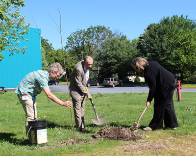 Frank Untermyer of Martin Guitar (left), Ken Farr of Natural Resources Canada (center) and Cindy Squires of the International Wood Products Association (right) planted a tree at the Martin Guitar headquarters in Nazareth, PA, honoring victims of an April 2019 terror attack in Sri Lanka.