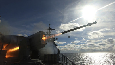Raytheon’s RAM™ missile launches from an aircraft carrier during testing. (Photo: U.S. Navy) Raytheon’s RAM™ missile launches from an aircraft carrier during testing. (Photo: U.S. Navy)