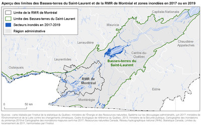 Aperu des limites des Basses-terres du Saint-Laurent et de la RMR de Montral et zones inondes en 2017 ou en 2019 (Groupe CNW/Institut de la statistique du Qubec)