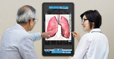 PatientPoint interactive exam room touchscreens feature banner ads promoting NCCN resources.